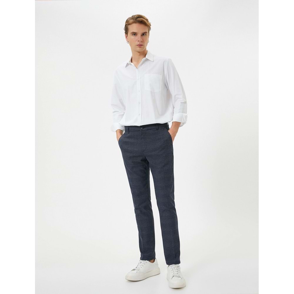 Kumaş Pantolon Desenli Slim Fit Düğmeli Cep Detaylı - KOTON - 4SAM40017HW - LACİVERT EKOSELİ - 38