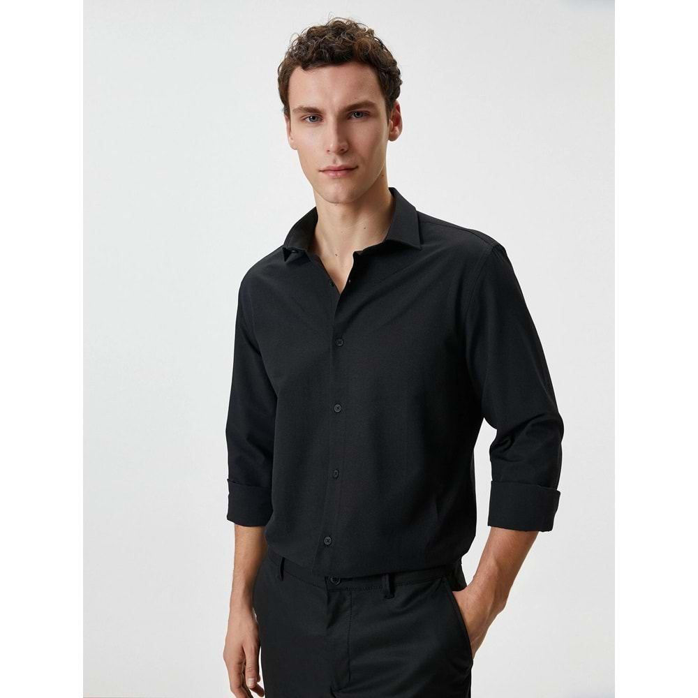 Slim Fit Gömlek Yarım İtalyan Yaka Düğmeli Dokulu - 4SAM60015HW