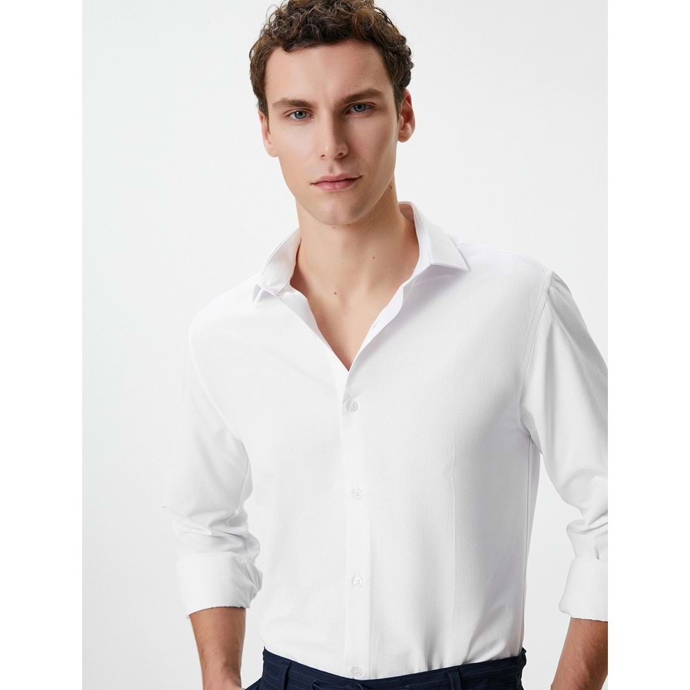 Slim Fit Gömlek Yarım İtalyan Yaka Düğmeli Dokulu - KOTON - 4SAM60015HW - BEYAZ - XXL