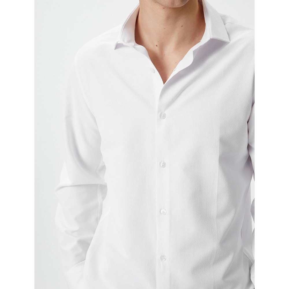 Slim Fit Gömlek Yarım İtalyan Yaka Düğmeli Dokulu - KOTON - 4SAM60015HW - BEYAZ - XXL