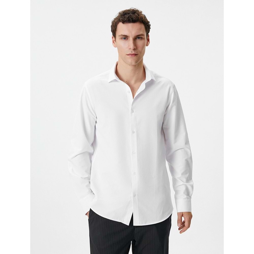 Slim Fit Gömlek Yarım İtalyan Yaka Düğmeli Dokulu - KOTON - 4SAM60015HW - BEYAZ - XXL