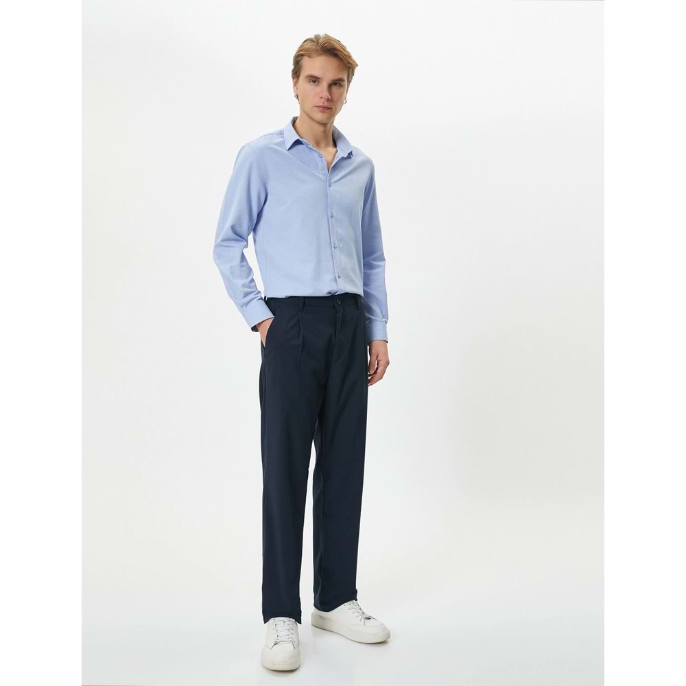 Klasik Gömlek Slim Fit Yarım İtalyan Yaka Düğmeli Uzun Kollu - KOTON - 4SAM60020HW - MAVİ - XXL