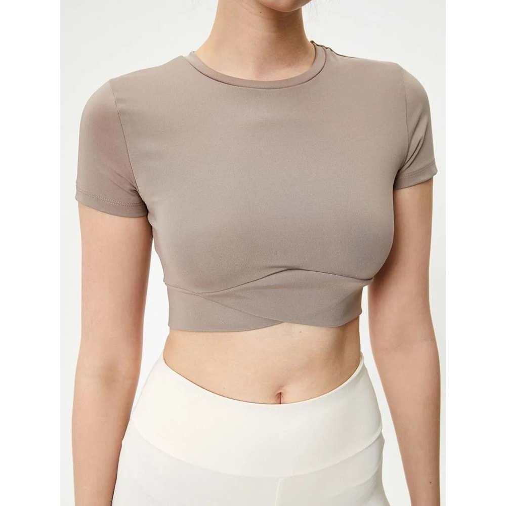 Spor Crop Tişört Kısa Kollu Bisiklet Yaka Asimetrik Kesim Slim Fit - KOTON - 4SAK10175NK - VİZON - XL