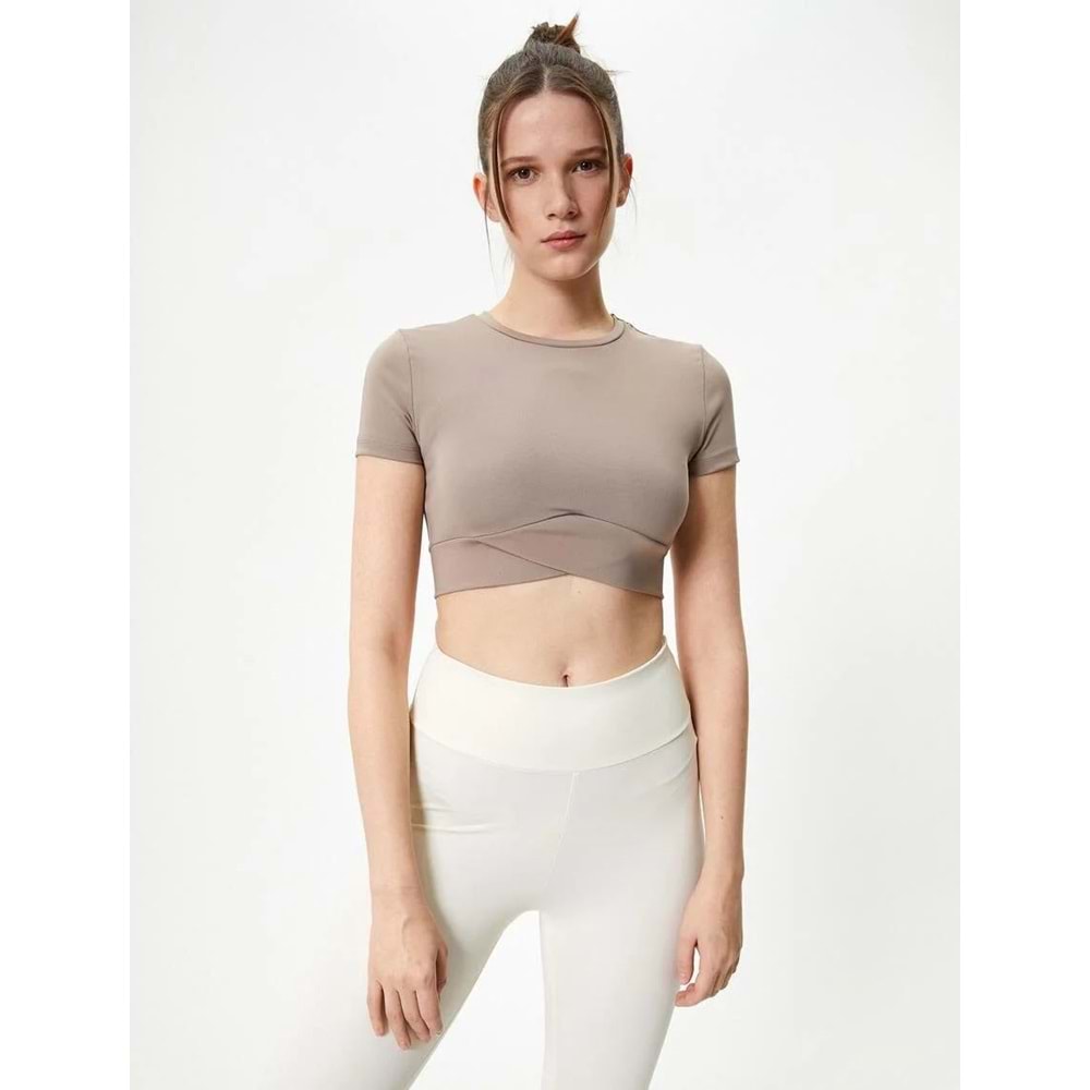 Spor Crop Tişört Kısa Kollu Bisiklet Yaka Asimetrik Kesim Slim Fit - KOTON - 4SAK10175NK - VİZON - XL