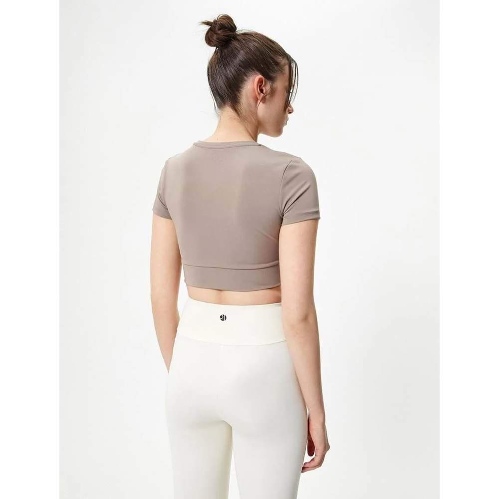 Spor Crop Tişört Kısa Kollu Bisiklet Yaka Asimetrik Kesim Slim Fit - KOTON - 4SAK10175NK - VİZON - XL