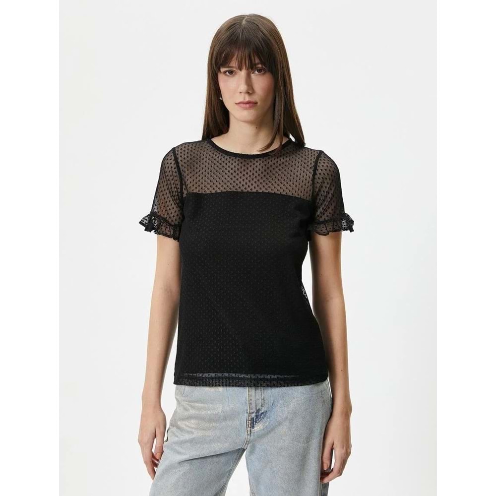 Dantelli Tişört Kısa Kollu Bisiklet Yaka - KOTON - 4SAK50056EK - SİYAH - S