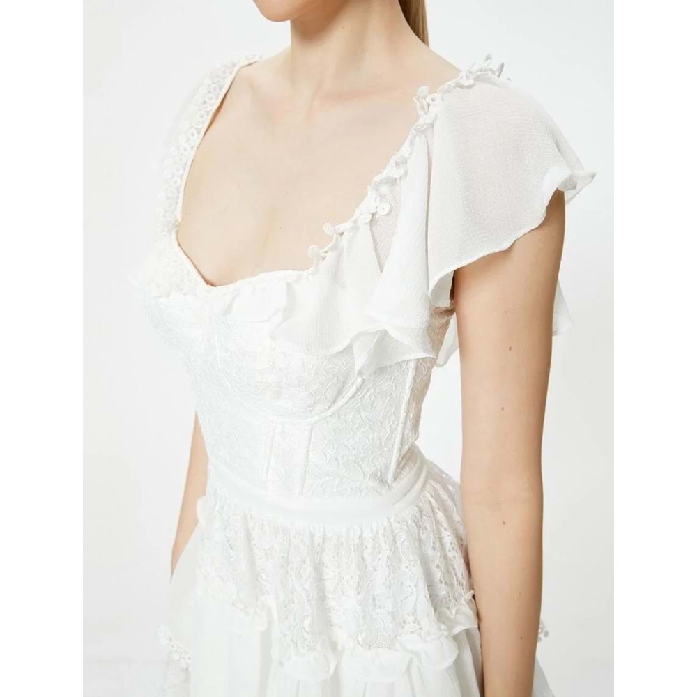 Mini Dantelli Elbise Katlı Dökümlü Kısa Tül Kol Kalp Yaka Astarlı - KOTON - 4SAK80021FW - KIRIK BEYAZ - 36