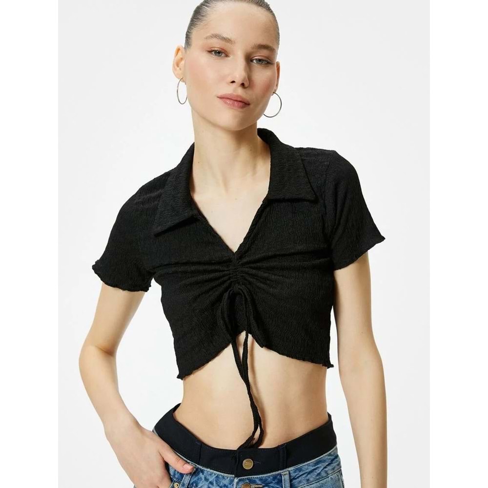 Crop Polo Yaka Tişört Önden Büzgülü Bağlamalı Dokulu - KOTON - 4SAL10129IK - SİYAH - M