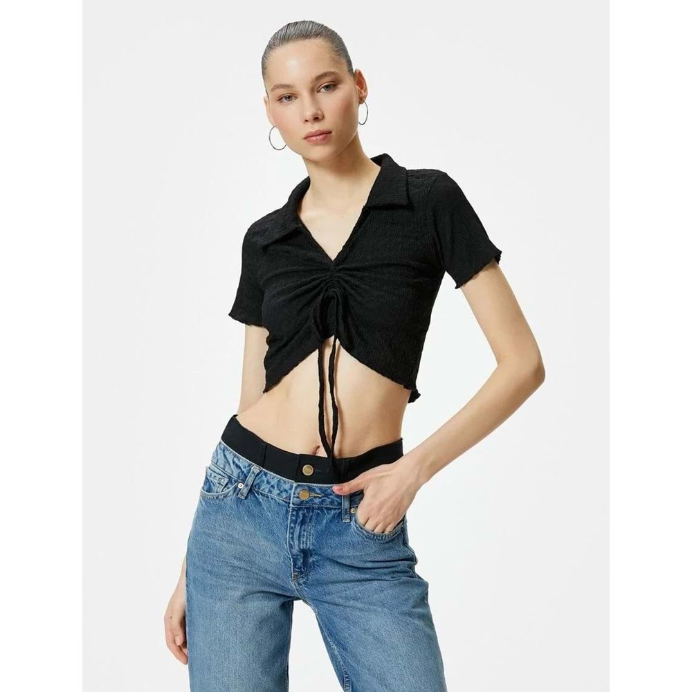 Crop Polo Yaka Tişört Önden Büzgülü Bağlamalı Dokulu - KOTON - 4SAL10129IK - SİYAH - M