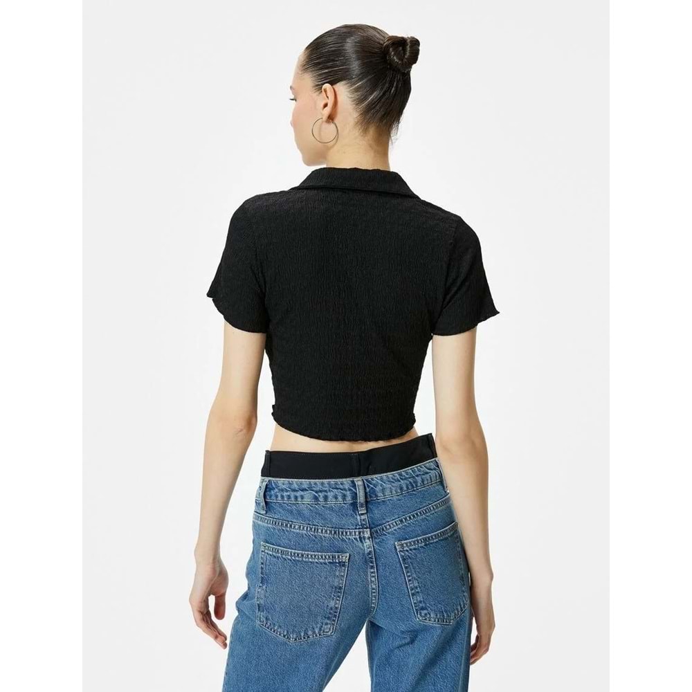 Crop Polo Yaka Tişört Önden Büzgülü Bağlamalı Dokulu - KOTON - 4SAL10129IK - SİYAH - M