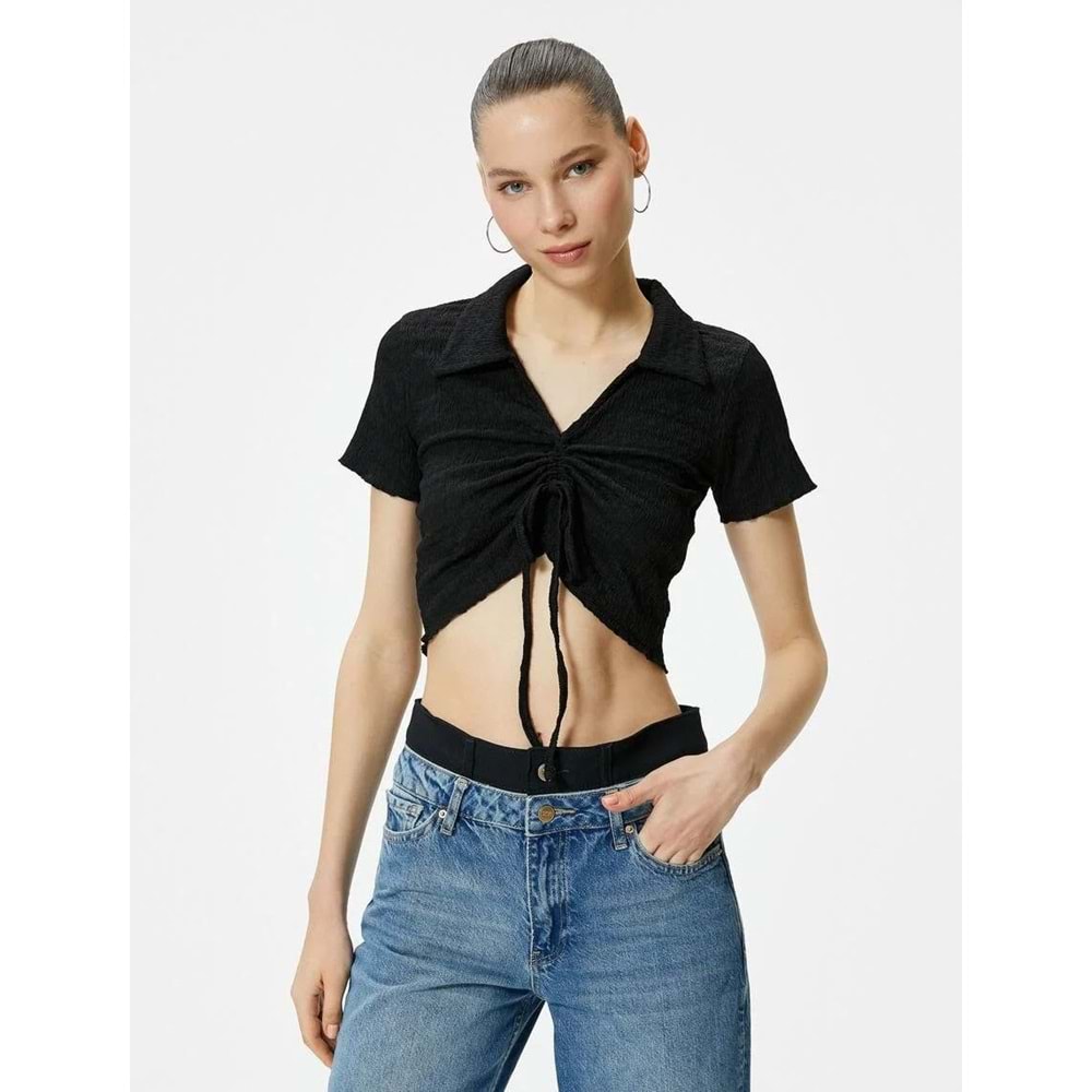 Crop Polo Yaka Tişört Önden Büzgülü Bağlamalı Dokulu - KOTON - 4SAL10129IK - SİYAH - M