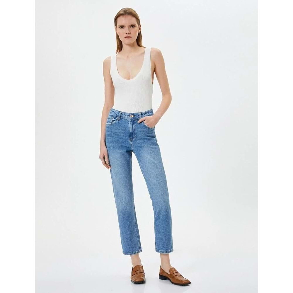 Düz Paça Kot Pantolon Standart Bel Pamuklu Esnek Cepli - Eve Slim Jean 4SAL40008MD