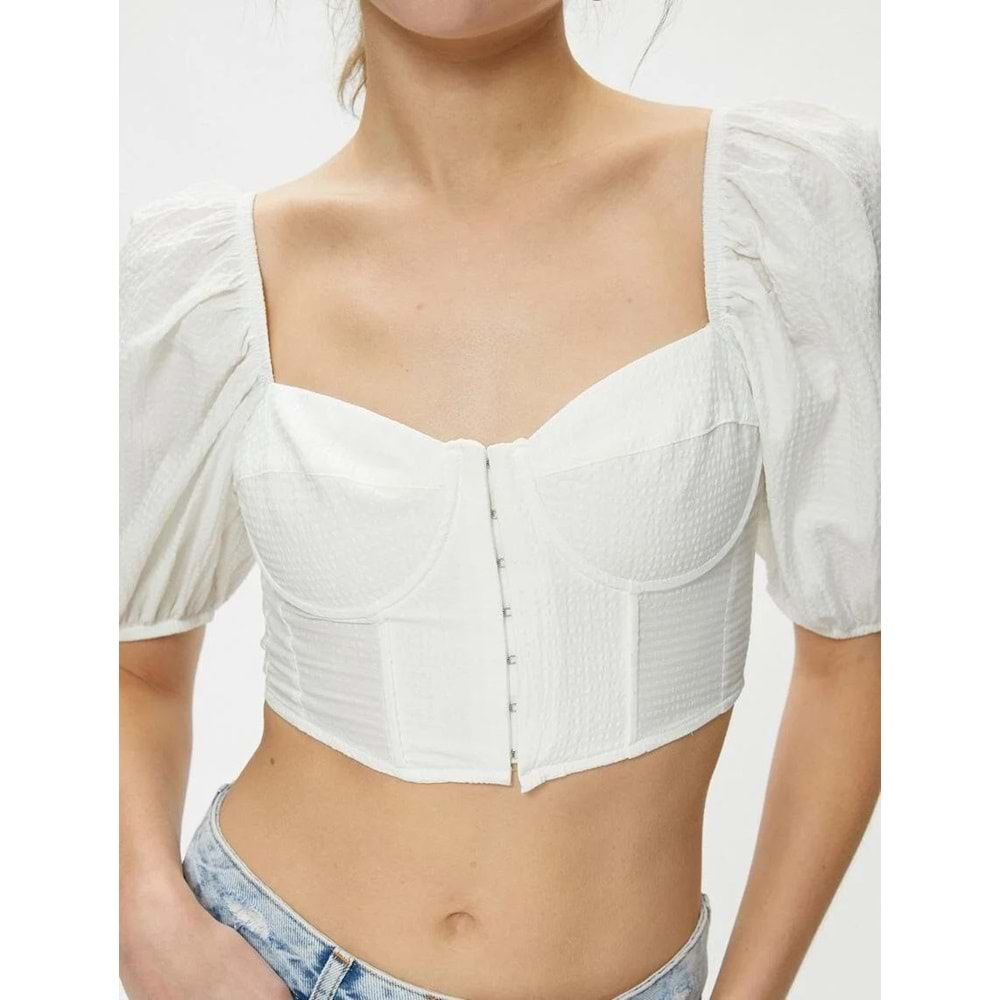 Crop Bluz Korse Detaylı Kopçalı Balon Kollu Kalp Yaka 4SAL60036IW