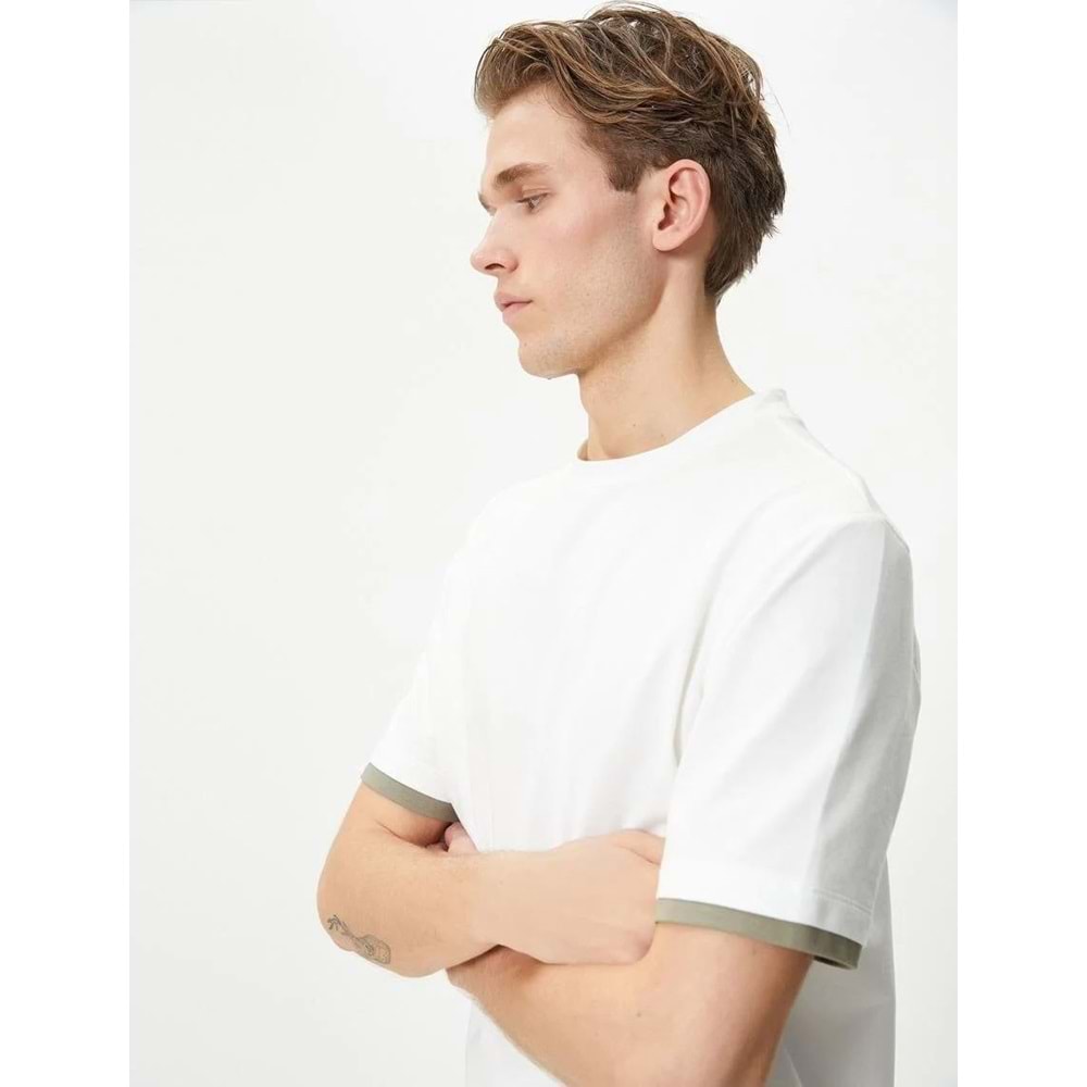 Bisiklet Yaka Tişört Kumaş Detaylı Kısa Kollu Pamuklu - KOTON - 4SAM10271HK - EKRU - XXL