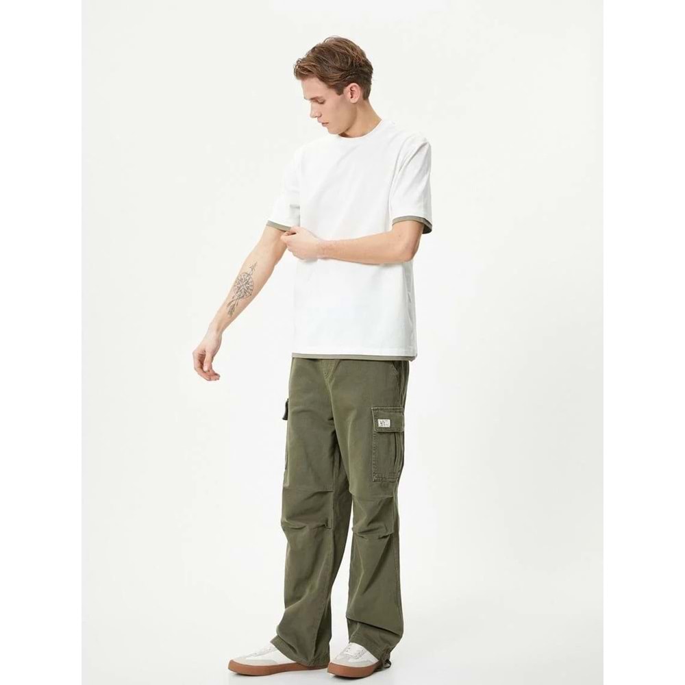 Bisiklet Yaka Tişört Kumaş Detaylı Kısa Kollu Pamuklu - KOTON - 4SAM10271HK - EKRU - XXL
