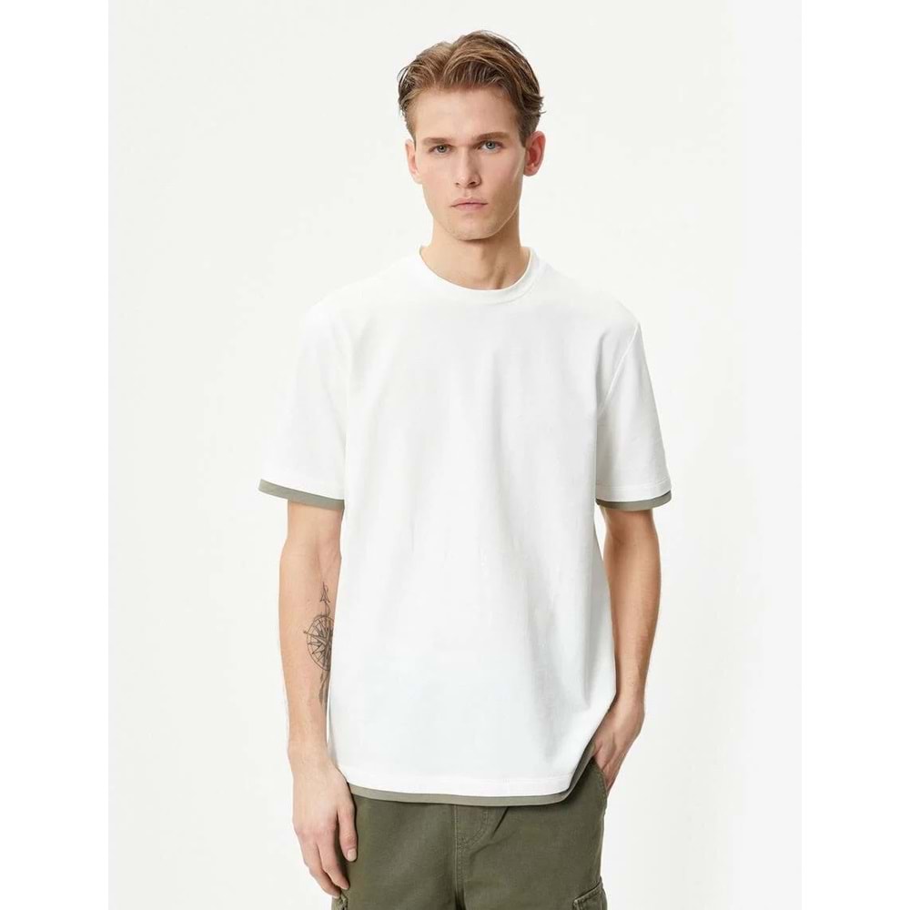 Bisiklet Yaka Tişört Kumaş Detaylı Kısa Kollu Pamuklu - KOTON - 4SAM10271HK - EKRU - XXL
