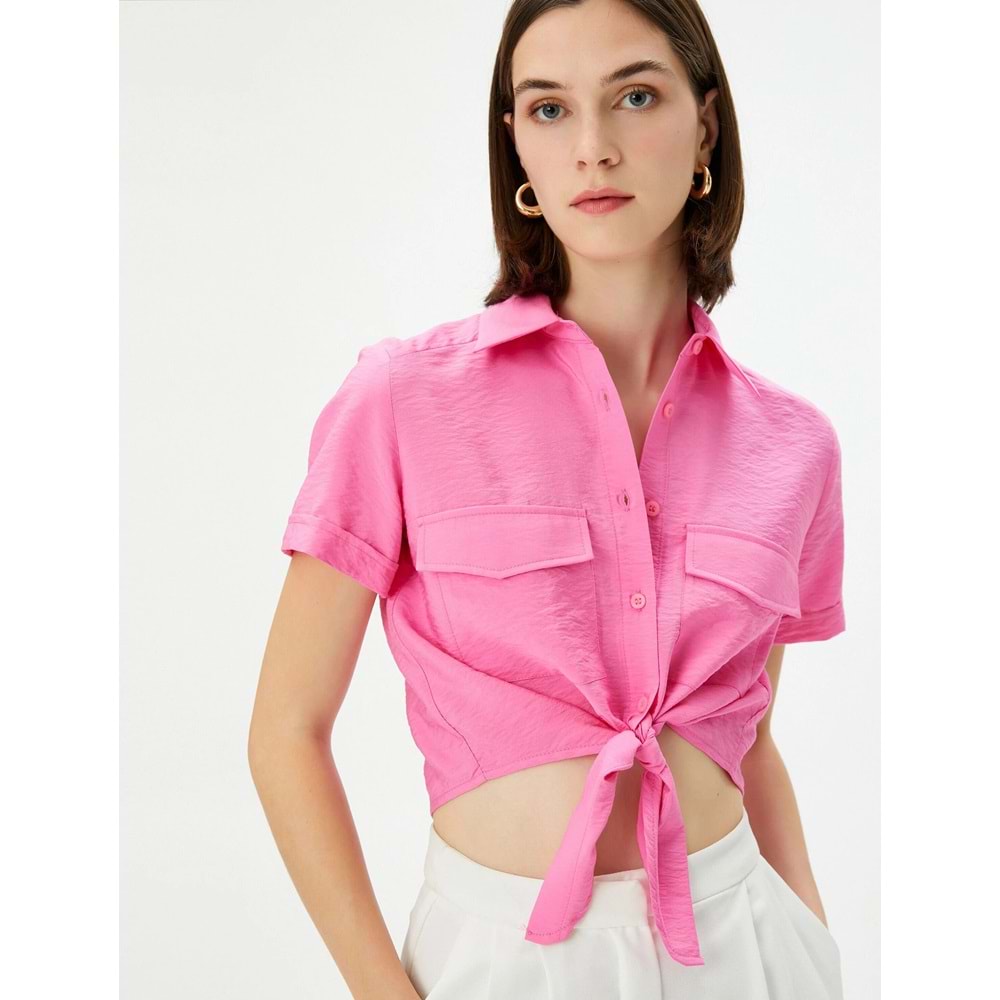 Önden Bağlamalı Gömlek Crop Düğmeli Cepli Viskon - KOTON - 4SAK60005EW - PEMBE - 34