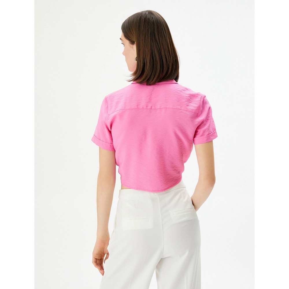 Önden Bağlamalı Gömlek Crop Düğmeli Cepli Viskon - KOTON - 4SAK60005EW - PEMBE - 34