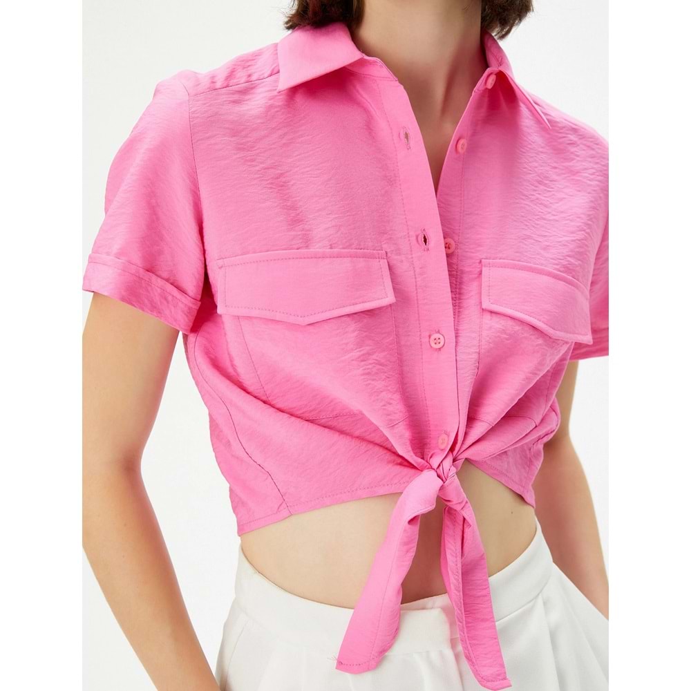 Önden Bağlamalı Gömlek Crop Düğmeli Cepli Viskon - KOTON - 4SAK60005EW - PEMBE - 34