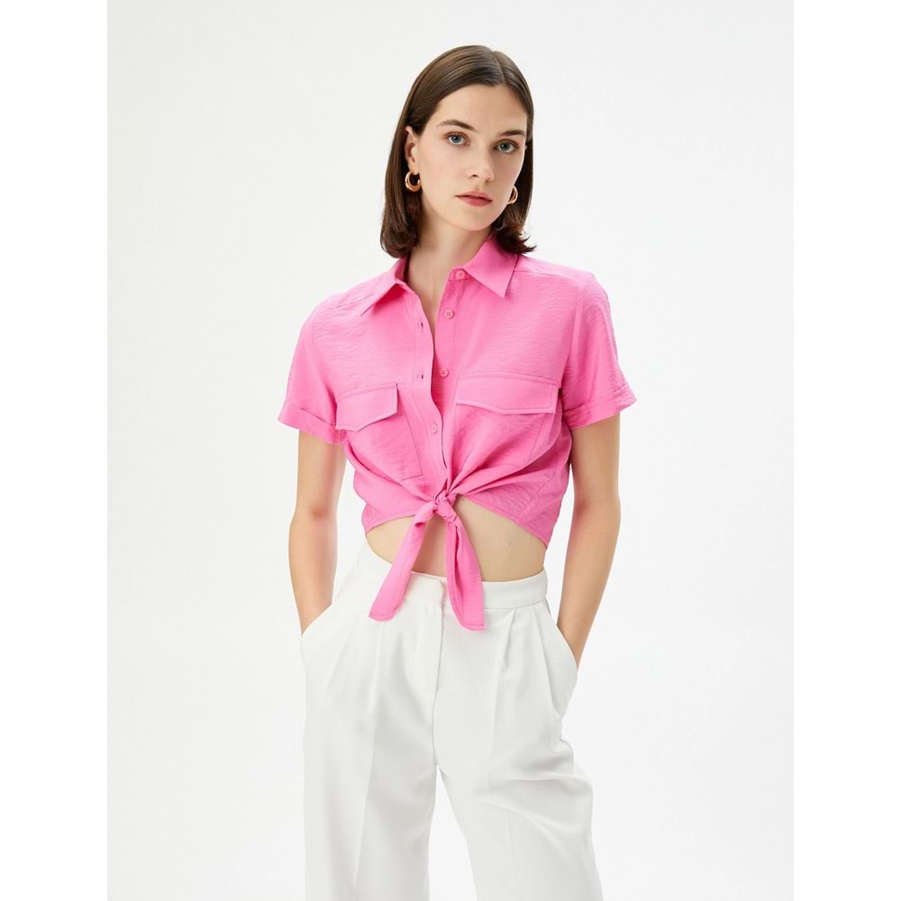 Önden Bağlamalı Gömlek Crop Düğmeli Cepli Viskon - KOTON - 4SAK60005EW - PEMBE - 34