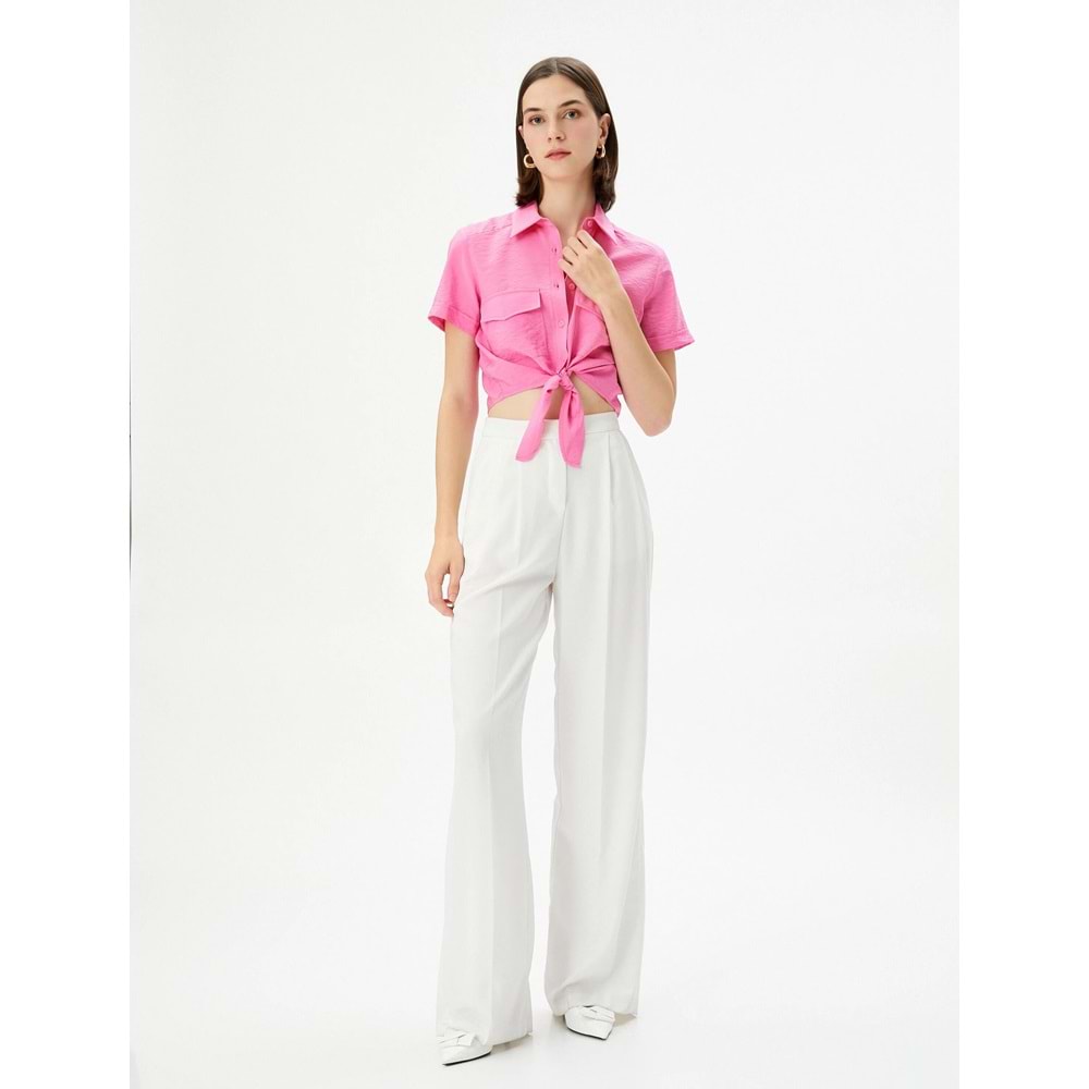 Önden Bağlamalı Gömlek Crop Düğmeli Cepli Viskon - KOTON - 4SAK60005EW - PEMBE - 34