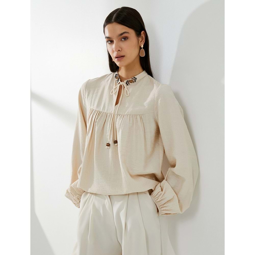 Balon Kol Bluz Bağcıklı Hakim Yaka Boncuk İşlemeli Viskon - KOTON - 4SAK60066UW - BEJ - 36