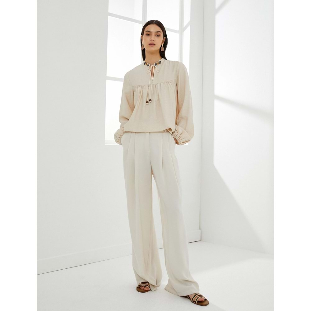 Balon Kol Bluz Bağcıklı Hakim Yaka Boncuk İşlemeli Viskon - KOTON - 4SAK60066UW - BEJ - 36