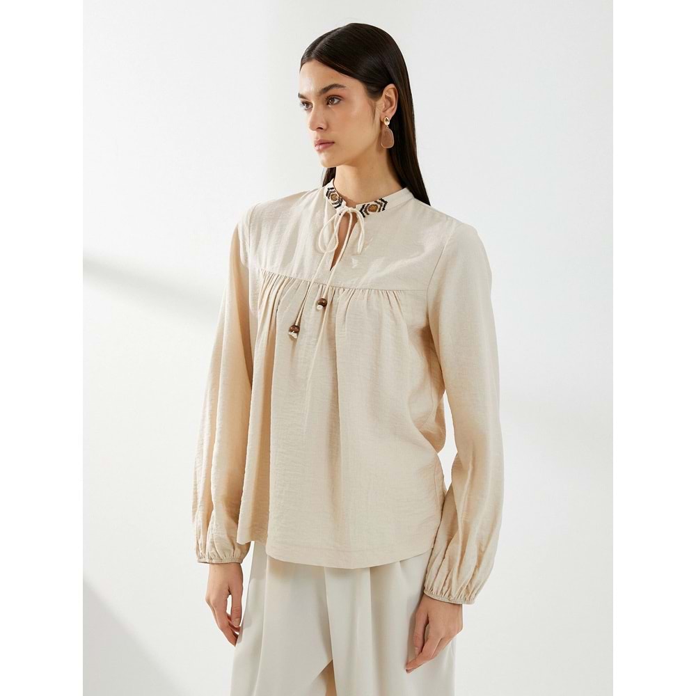 Balon Kol Bluz Bağcıklı Hakim Yaka Boncuk İşlemeli Viskon - KOTON - 4SAK60066UW - BEJ - 36