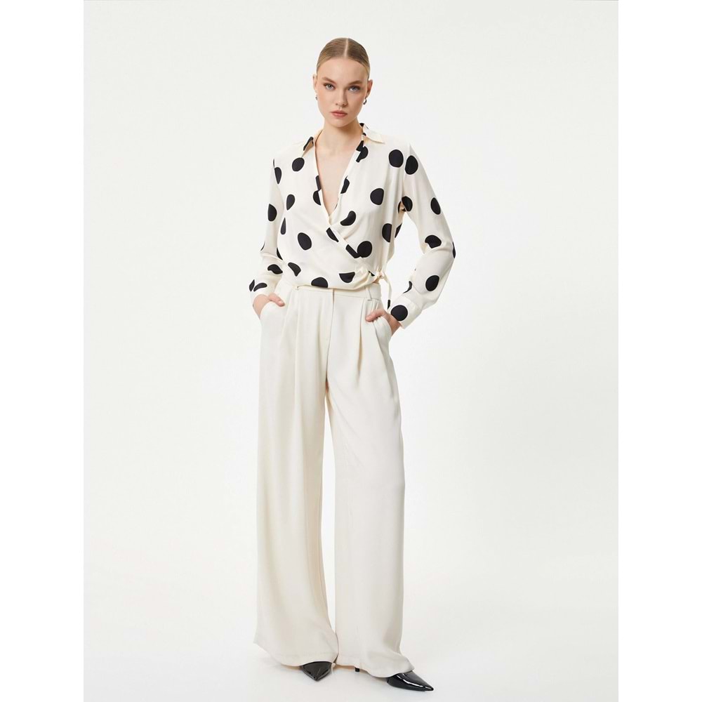 Puantiyeli Bluz Anvelop Aksesuar Detaylı Uzun Kollu - KOTON - 4SAK60091UW - EKRU DESENLİ - 40