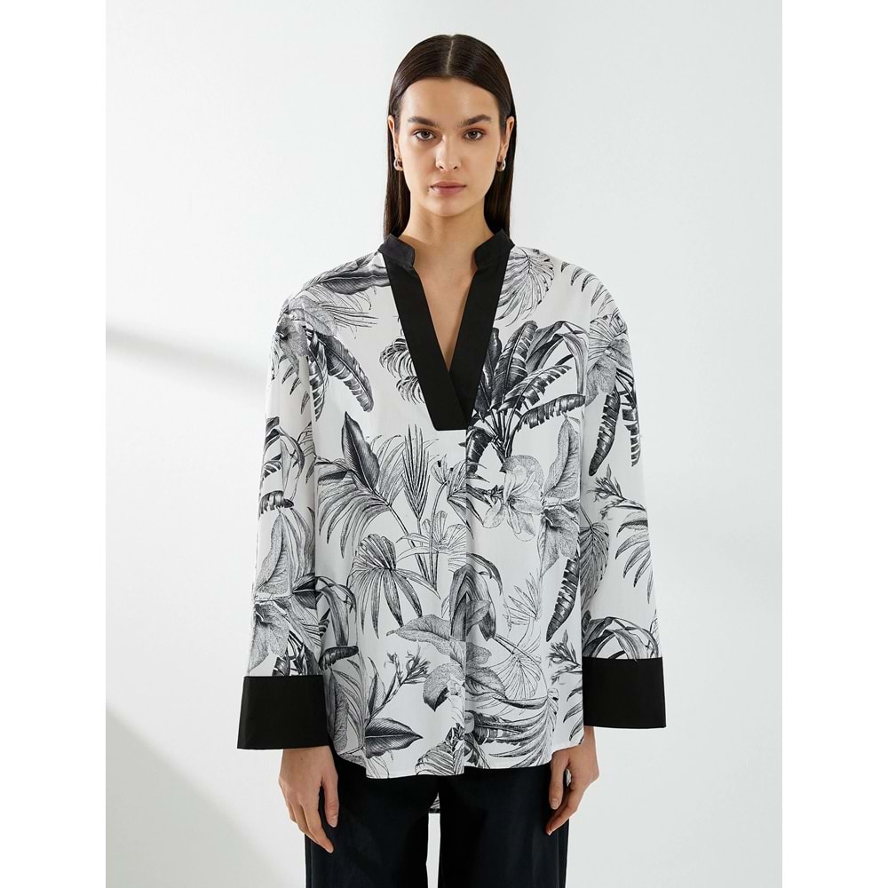 V Yaka Tunik Uzun Kollu Egzotik Desenli - KOTON - 4SAK60214UW - Siyah Desenli - 36