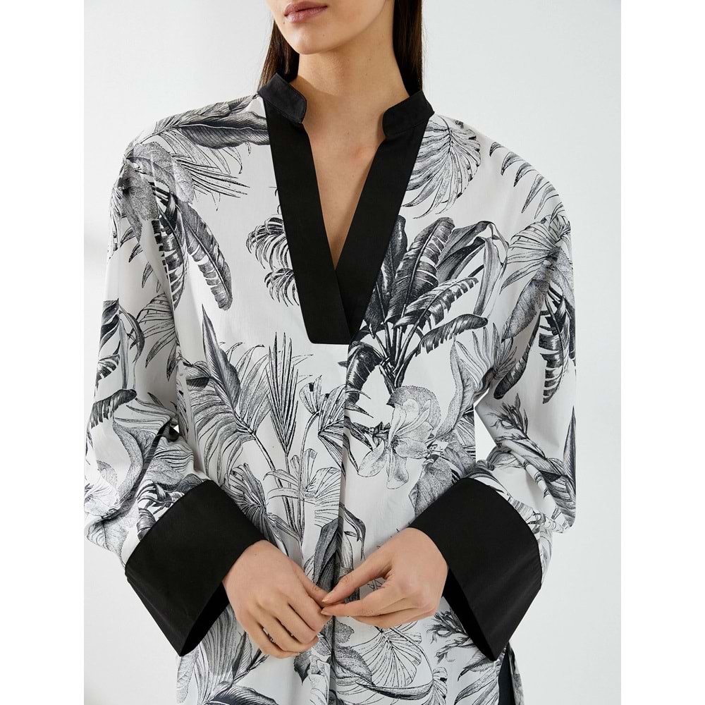 V Yaka Tunik Uzun Kollu Egzotik Desenli - KOTON - 4SAK60214UW - Siyah Desenli - 38
