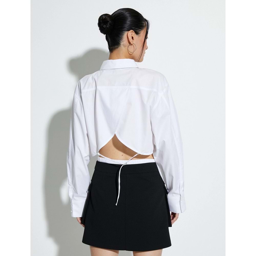 Crop Poplin Gömlek Uzun Kollu Rahat Kesim Düğmeli Cep Detaylı - KOTON - 4SAK60250PW - BEYAZ - 42