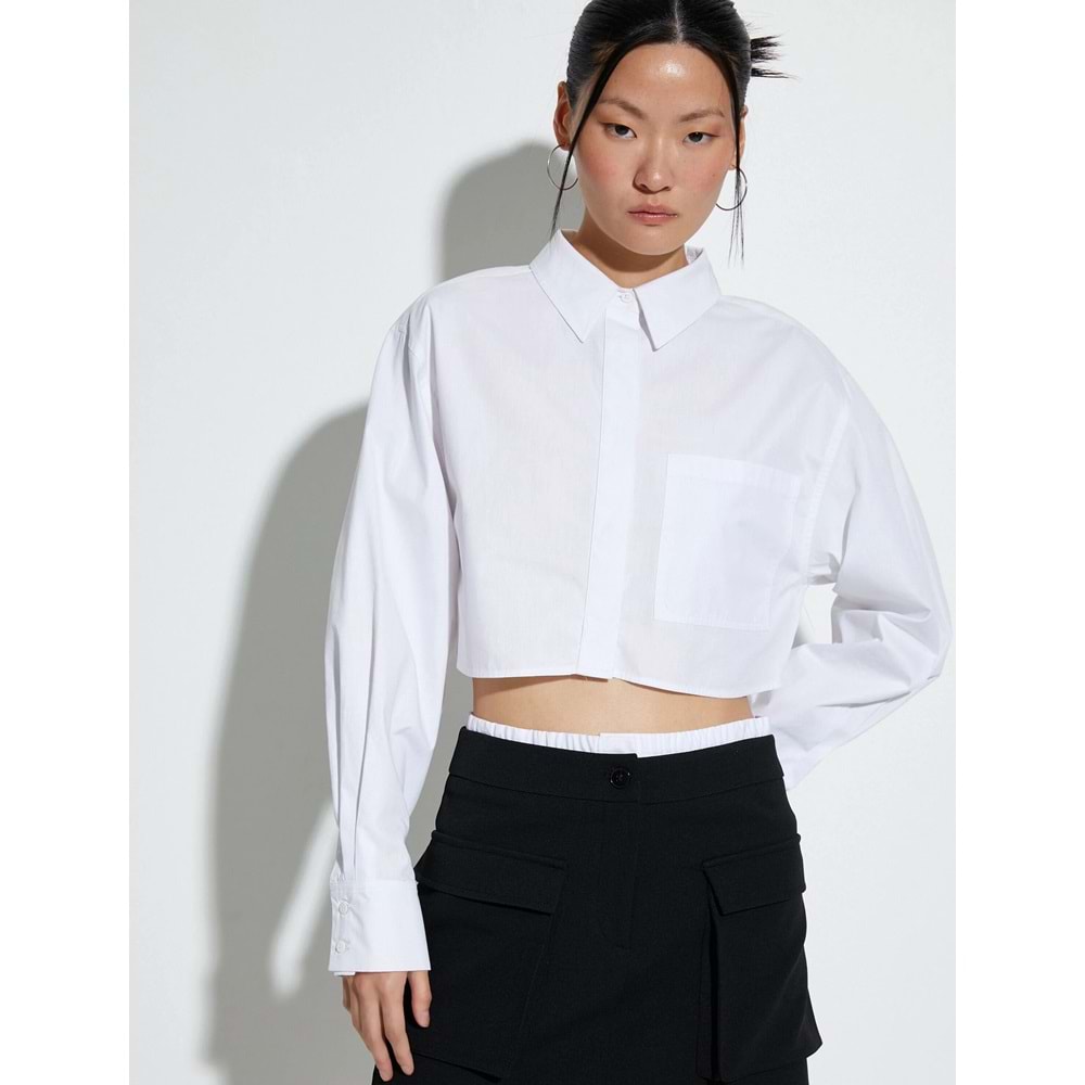 Crop Poplin Gömlek Uzun Kollu Rahat Kesim Düğmeli Cep Detaylı - KOTON - 4SAK60250PW - BEYAZ - 42