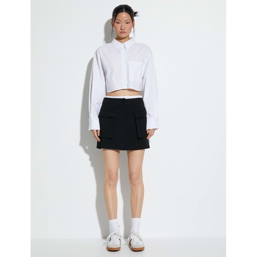 Crop Poplin Gömlek Uzun Kollu Rahat Kesim Düğmeli Cep Detaylı - KOTON - 4SAK60250PW - BEYAZ - 42