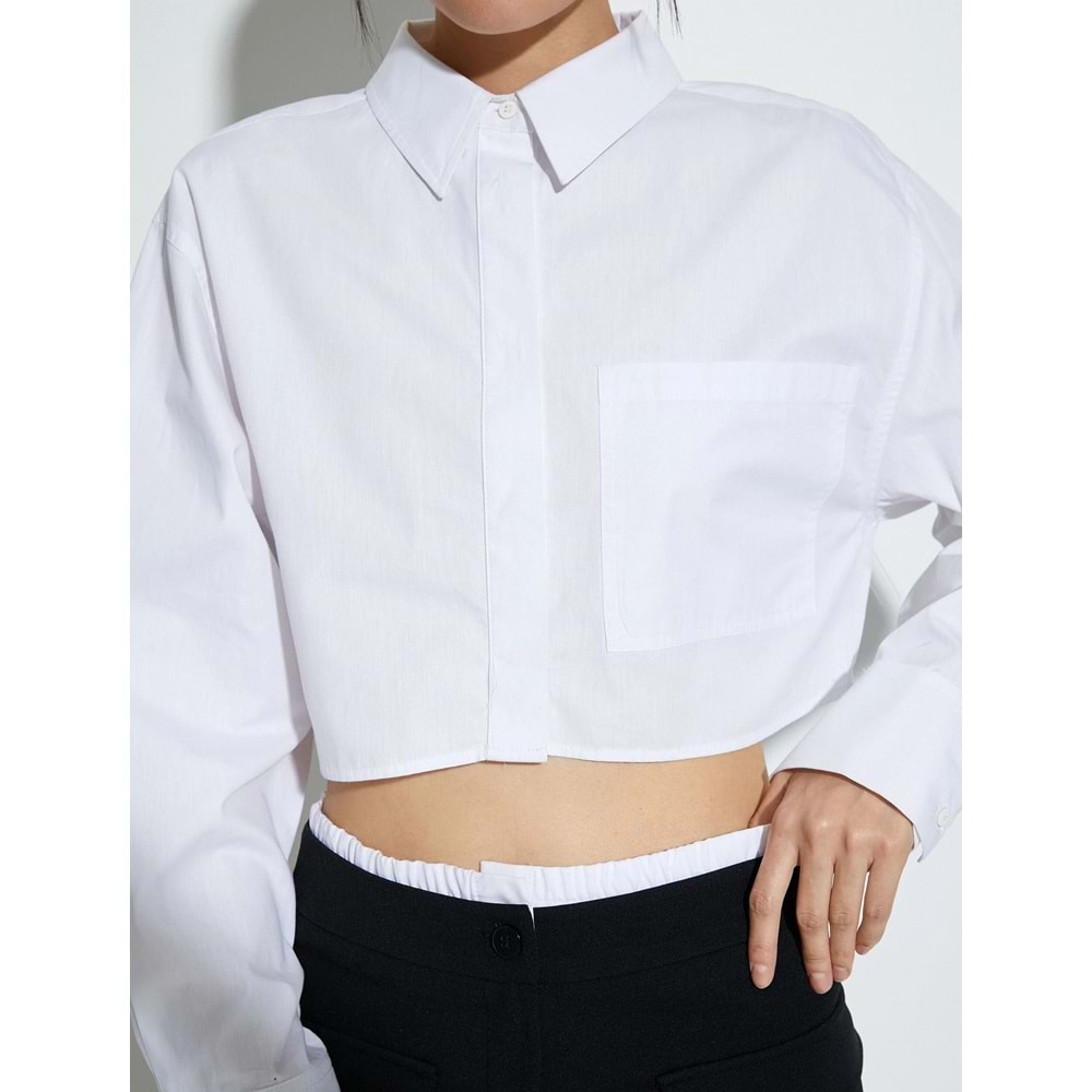 Crop Poplin Gömlek Uzun Kollu Rahat Kesim Düğmeli Cep Detaylı - 4SAK60250PW