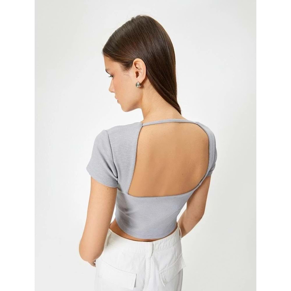 Sırt Dekolteli Tişört Crop Kısa Kollu Fitilli Slim Fit - KOTON - 4SAL10804IK - GRİ - XL