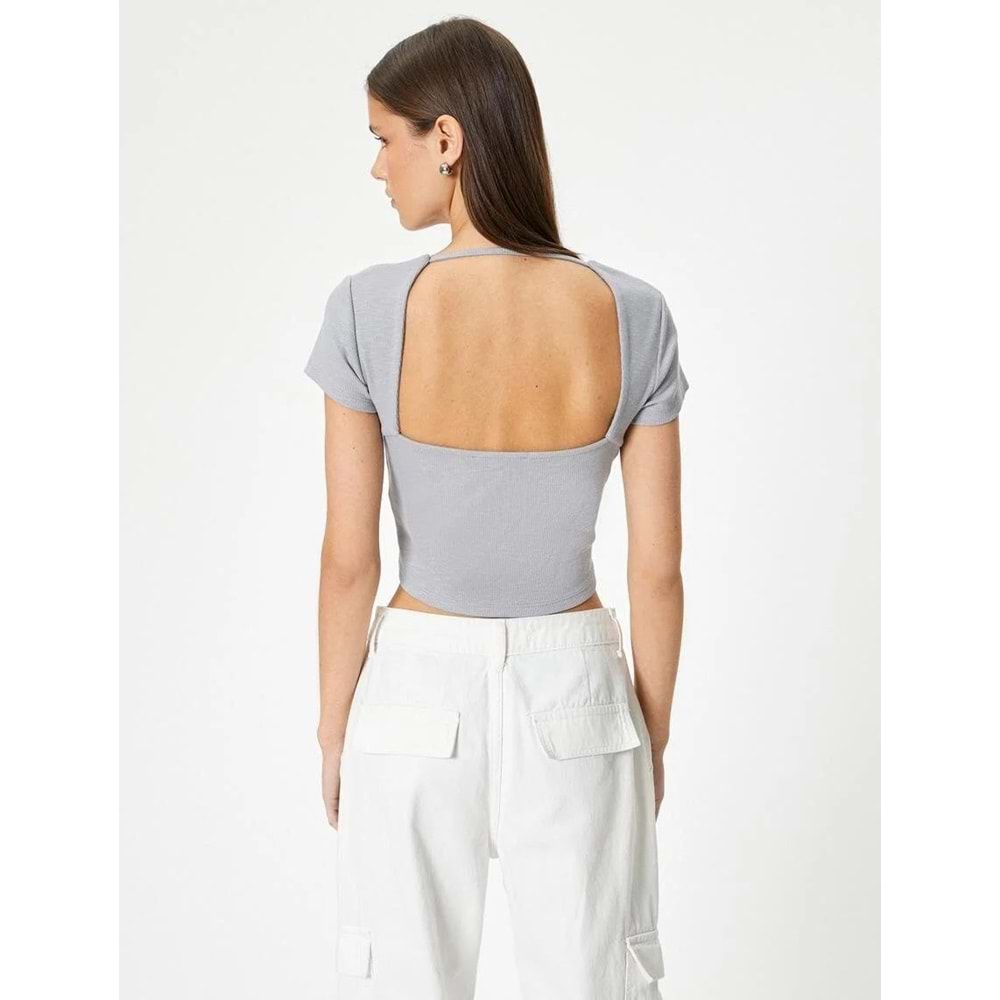 Sırt Dekolteli Tişört Crop Kısa Kollu Fitilli Slim Fit - KOTON - 4SAL10804IK - GRİ - XL