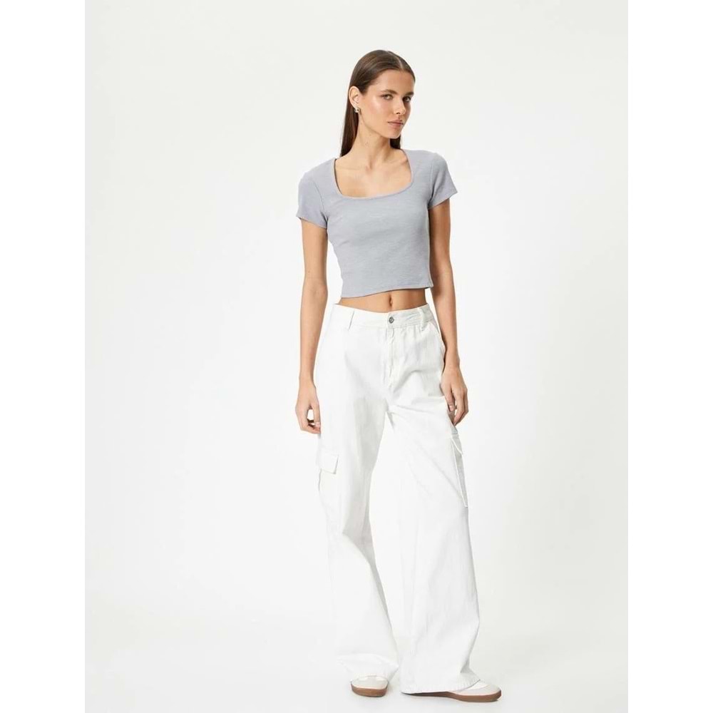 Sırt Dekolteli Tişört Crop Kısa Kollu Fitilli Slim Fit - KOTON - 4SAL10804IK - GRİ - XL