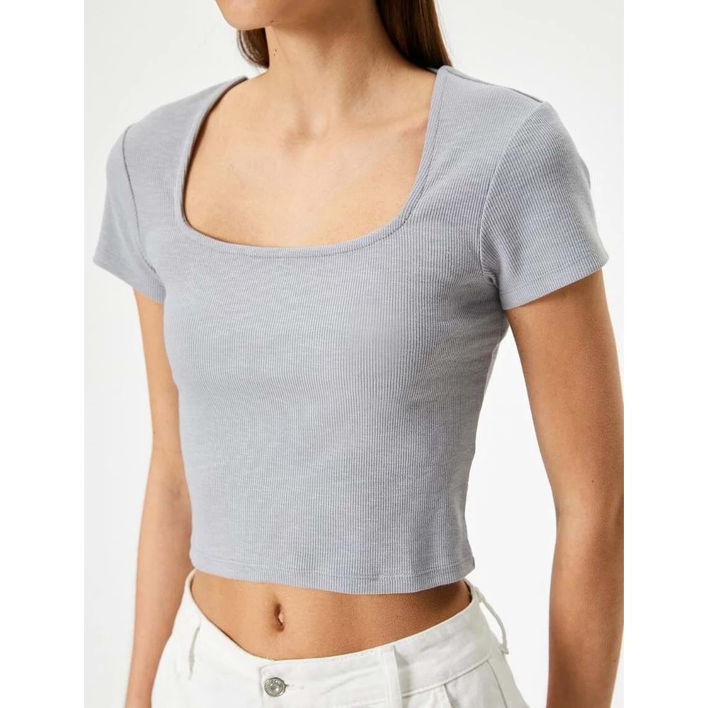 Sırt Dekolteli Tişört Crop Kısa Kollu Fitilli Slim Fit - KOTON - 4SAL10804IK - GRİ - XL