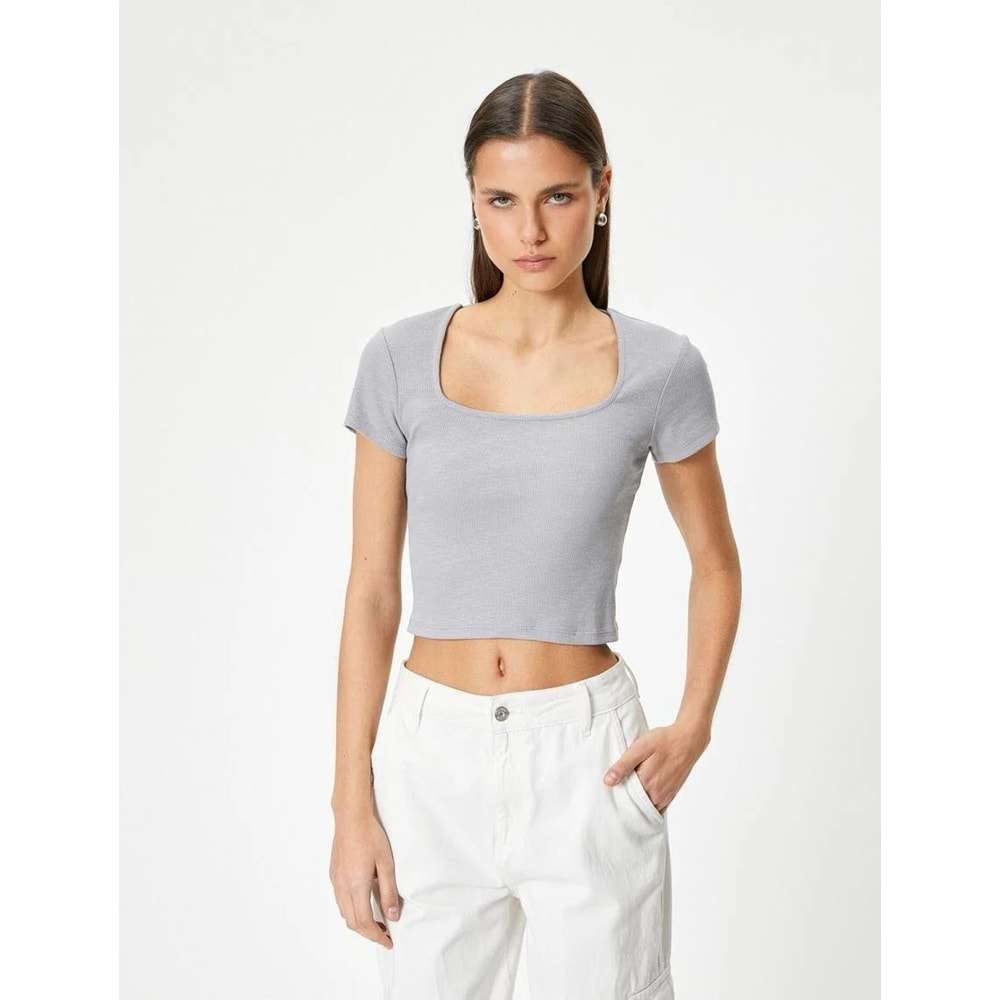 Sırt Dekolteli Tişört Crop Kısa Kollu Fitilli Slim Fit - KOTON - 4SAL10804IK - GRİ - XL