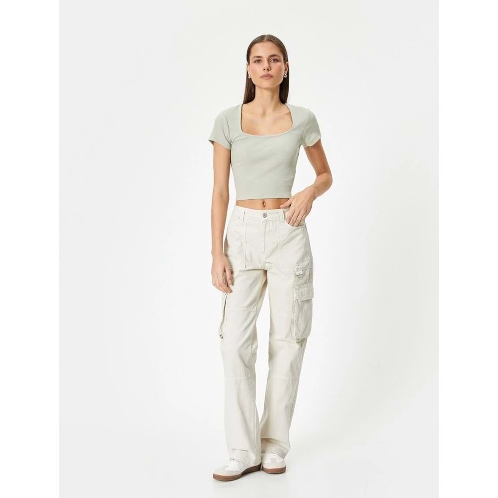 Sırt Dekolteli Tişört Crop Kısa Kollu Fitilli Slim Fit - KOTON - 4SAL10804IK - HAKİ - M