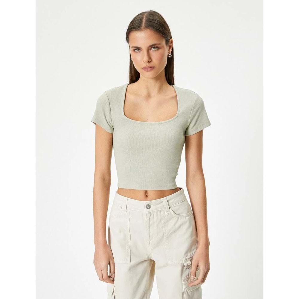 Sırt Dekolteli Tişört Crop Kısa Kollu Fitilli Slim Fit - KOTON - 4SAL10804IK - HAKİ - M
