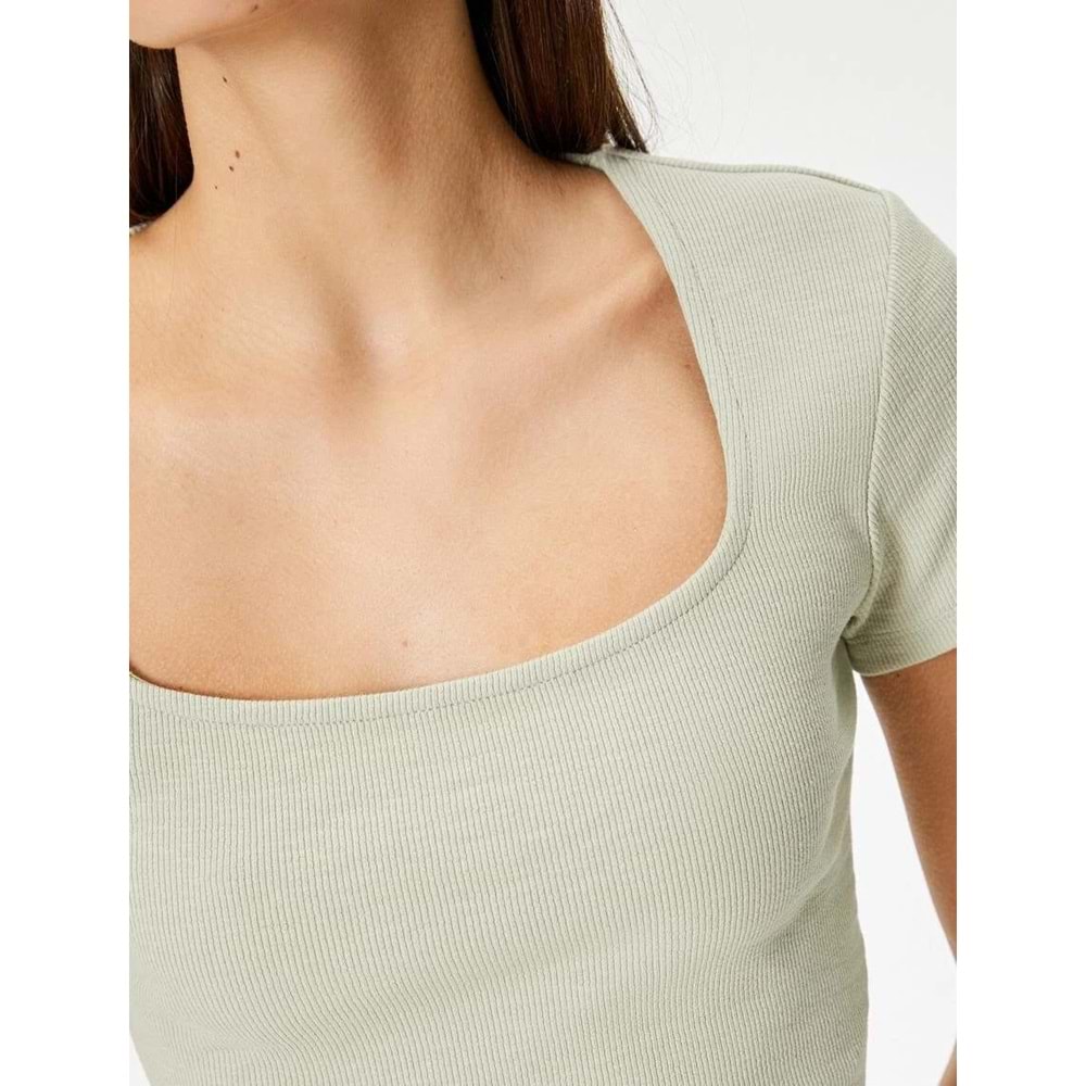 Sırt Dekolteli Tişört Crop Kısa Kollu Fitilli Slim Fit - KOTON - 4SAL10804IK - HAKİ - M