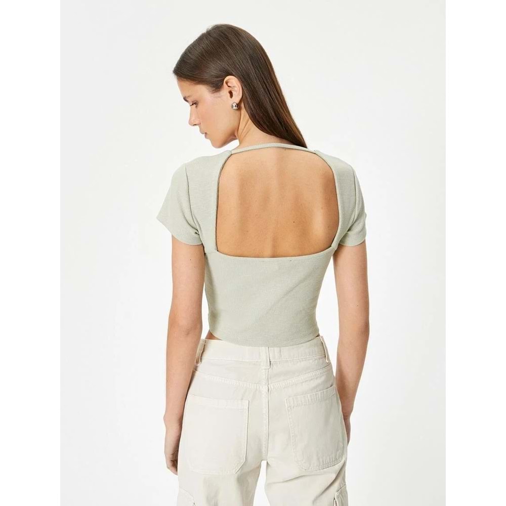 Sırt Dekolteli Tişört Crop Kısa Kollu Fitilli Slim Fit - KOTON - 4SAL10804IK - HAKİ - M
