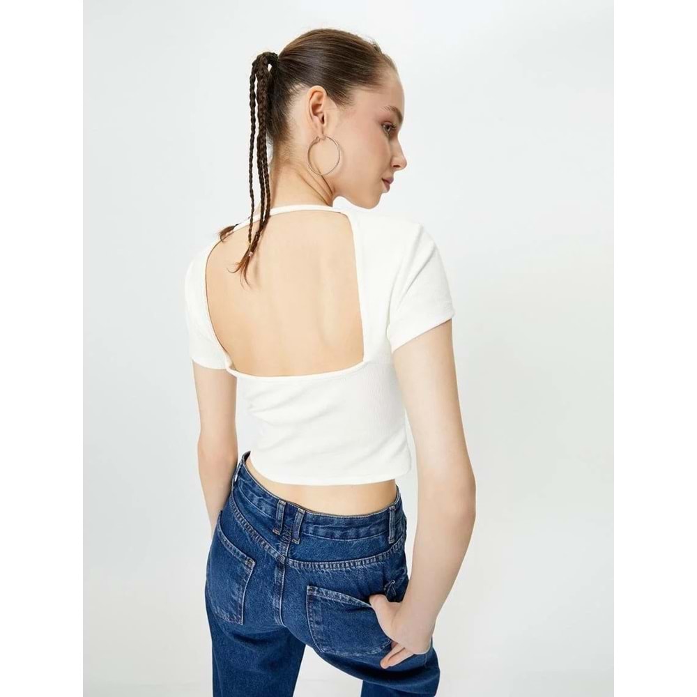 Sırt Dekolteli Tişört Crop Kısa Kollu Fitilli Slim Fit - KOTON - 4SAL10804IK - EKRU - L