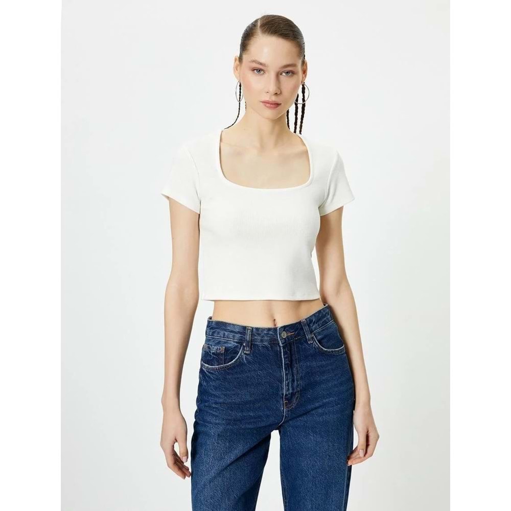 Sırt Dekolteli Tişört Crop Kısa Kollu Fitilli Slim Fit - KOTON - 4SAL10804IK - EKRU - L