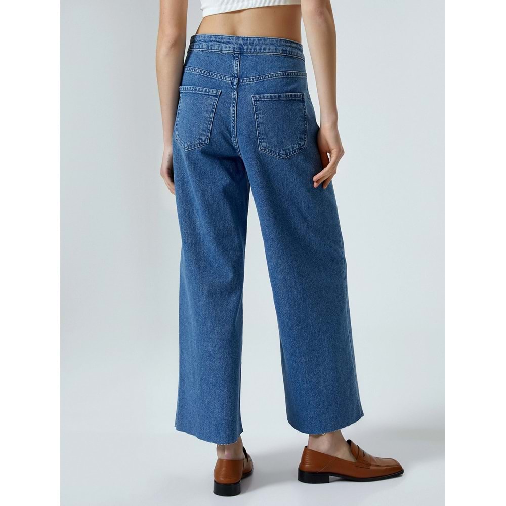 Geniş Kısa Paça Kot Pantolon Düğmeli Yüksek Bel - Sandra Jeans - KOTON - 4SAL40087MD - ORTA İNDİGO - 31/32