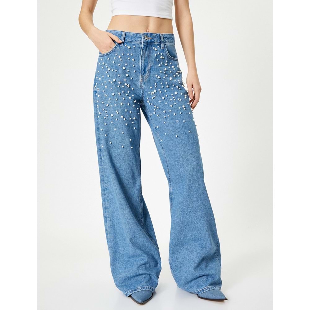 Taşlı Kot Pantolon Geniş Paça Cepli Standart Bel - KOTON - 4SAL40181MD - AÇIK İNDİGO - 26/32