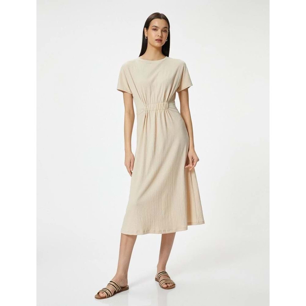 Midi Elbise Bisiklet Yaka Kısa Kollu Beli Büzgü Detaylı - KOTON - 4SAK80001UK - BEJ - S