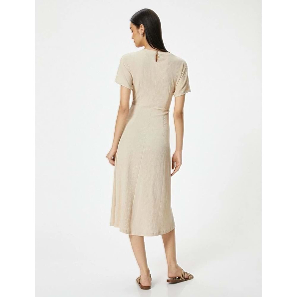 Midi Elbise Bisiklet Yaka Kısa Kollu Beli Büzgü Detaylı - KOTON - 4SAK80001UK - BEJ - S